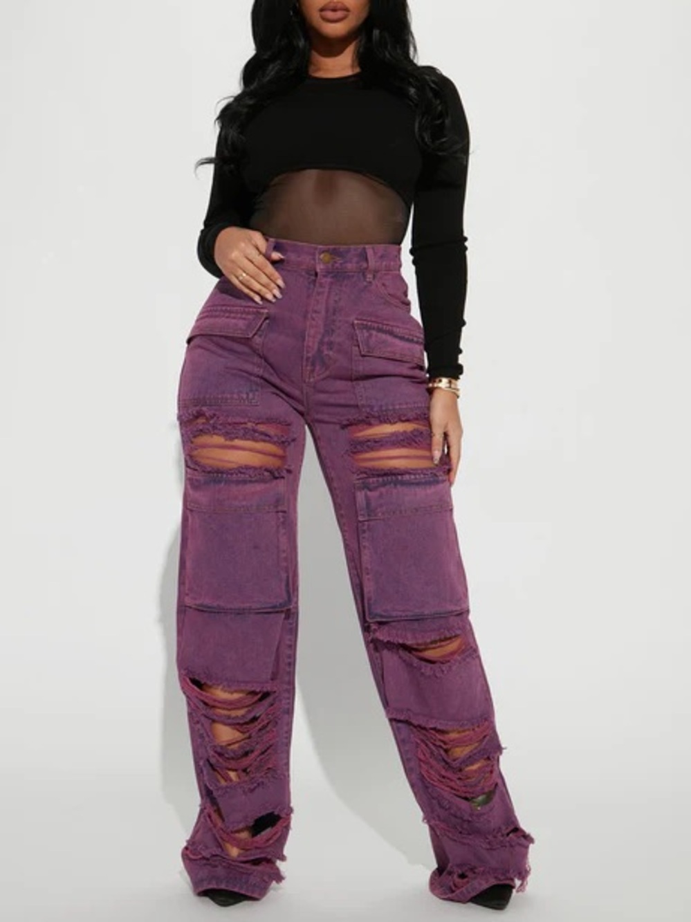 Women’s High-Waist Distressed Cargo Jeans - Purple
